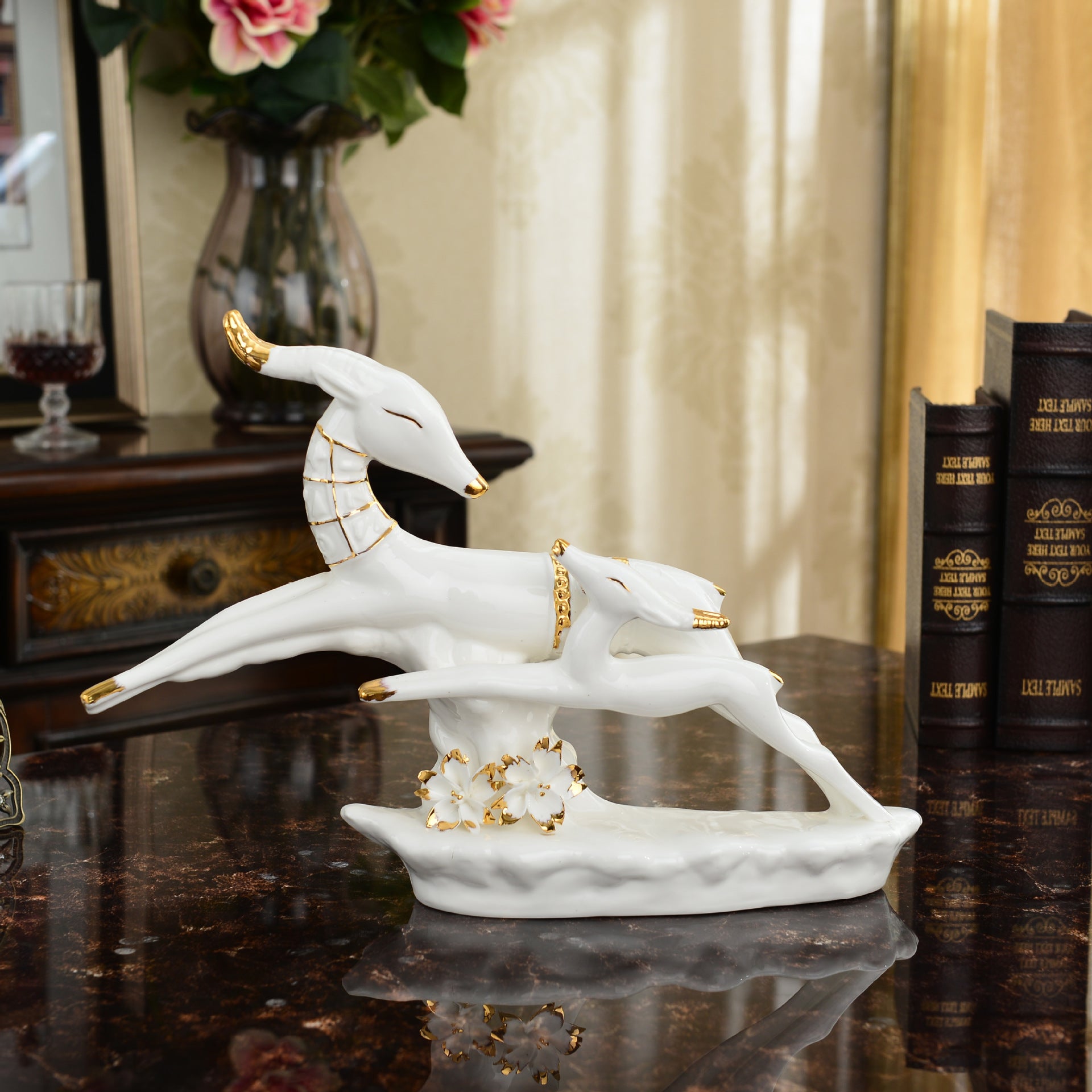 【Creative Feng Shui Wealth Mother & Baby Deer Ceramic Decorative Statue】— Elegant Home Accent for Living Room, TV Cabinet, & Bar Decor